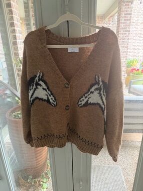 Old Navy Brown V-Neck Horse Intarsia Cardigan